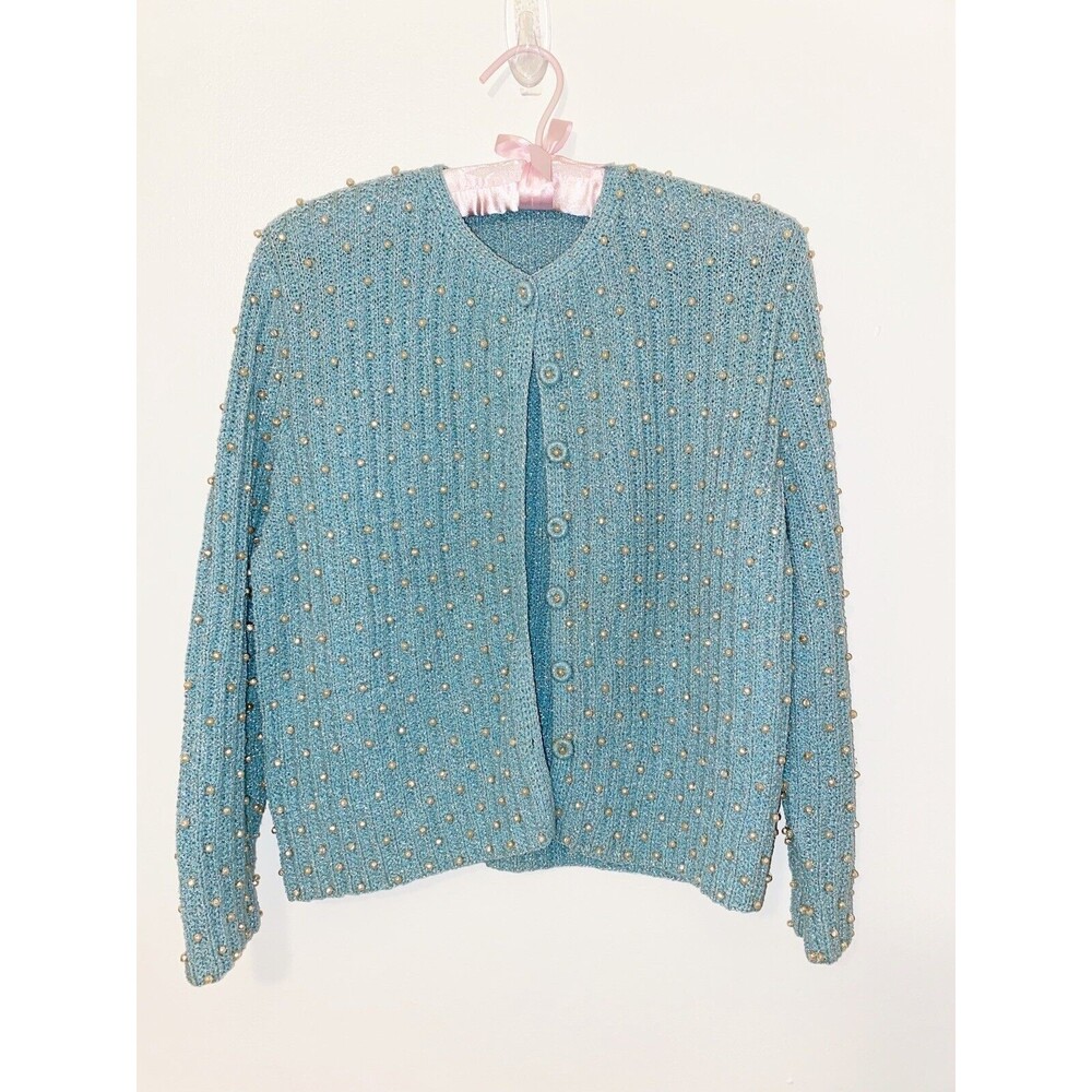 Vintage Handmade Teal Beaded Sweater With Silver Thread Size Small